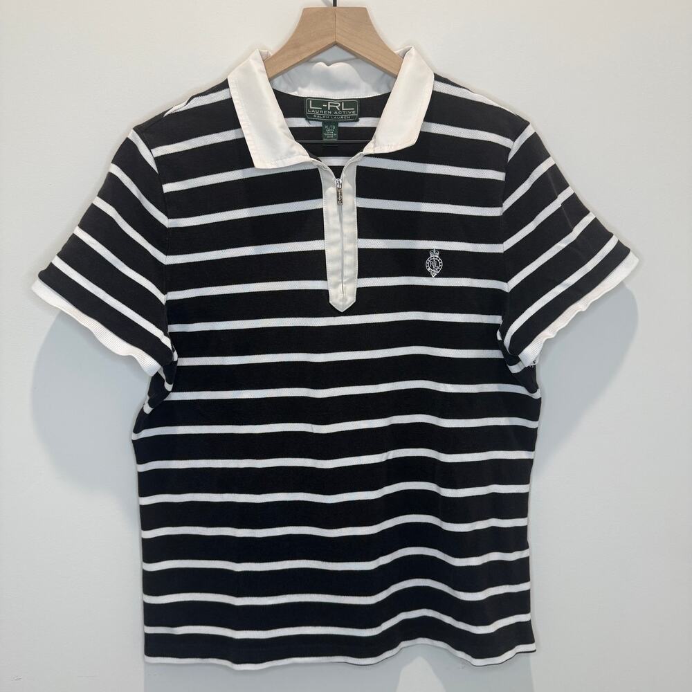 Lauren Ralph Lauren Active Striped Polo Shirt Women's XL Black White Preppy Y2K